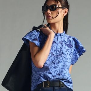 ISO - anthropologie ruffle collar lace cutwork blouse purple motif in SMALL